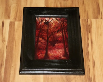 4x6" Original Mini Oil Painting Flat Panel - Autumn Landscape Crow Trees Forest Woods Red Orange - Small Canvas Wall Art
