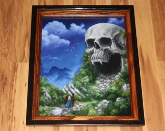 16x20" Original Oil Painting - Skull Mountain Cave Expedition Party RPG Dungeons and Dragons Horror Fantasy Landscape Wall Art