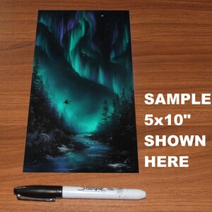 May include: A painting of a dark forest with a river flowing through it. The sky is filled with a vibrant green and purple aurora borealis. The painting is 5 inches by 10 inches.
