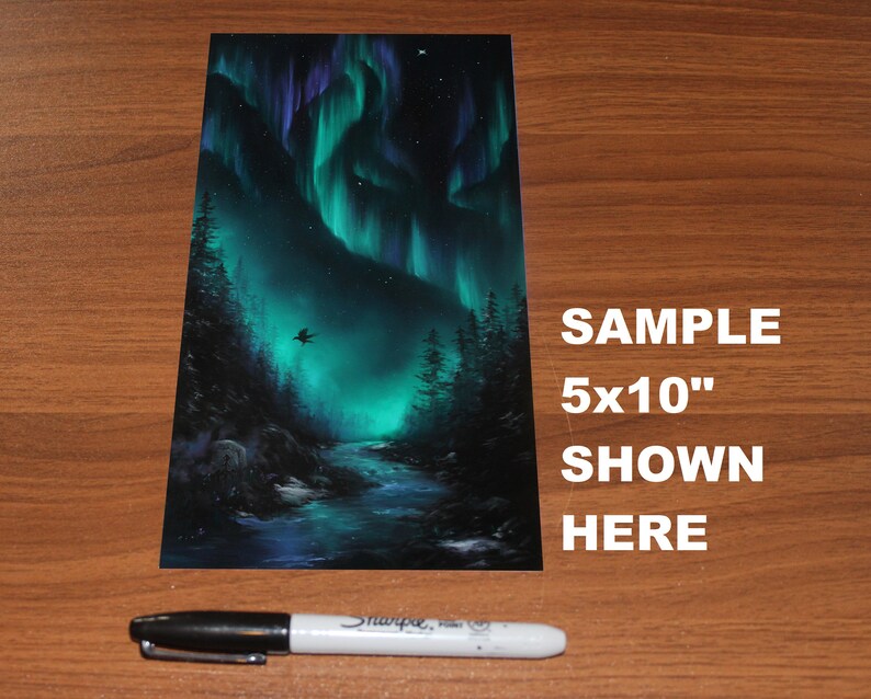 May include: A painting of a dark forest with a river flowing through it. The sky is filled with a vibrant green and purple aurora borealis. The painting is 5 inches by 10 inches.