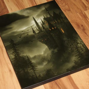 May include: A canvas print depicting a gothic castle on a cliff, under a stormy sky. The artwork features a dark color palette with shades of green and gray, with flying birds and illuminated windows.