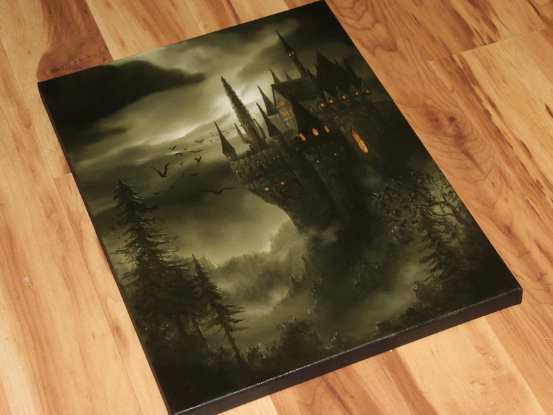 May include: A canvas print depicting a gothic castle on a cliff, under a stormy sky. The artwork features a dark color palette with shades of green and gray, with flying birds and illuminated windows.