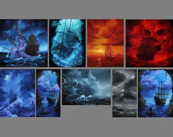 2x4-4x4" Magnet Ship Ships Boats Sailing Fantasy Pirates Ship of Sail Stormy Ocean Skull Art Print Refrigerator Magnet Stocking Stuffers