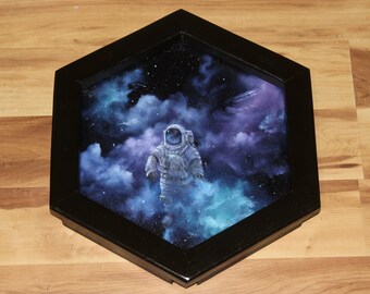 12" Hexagon Original Oil Painting - Astronaut Cloud Walking Nebula Surreal Purple Green Blue - Sci Fi Outer Space Spacescape Wall Art