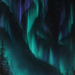 May include: A dark green and purple aurora borealis, also known as the Northern Lights, fills the night sky. A single black bird flies in front of a dark forest silhouette.