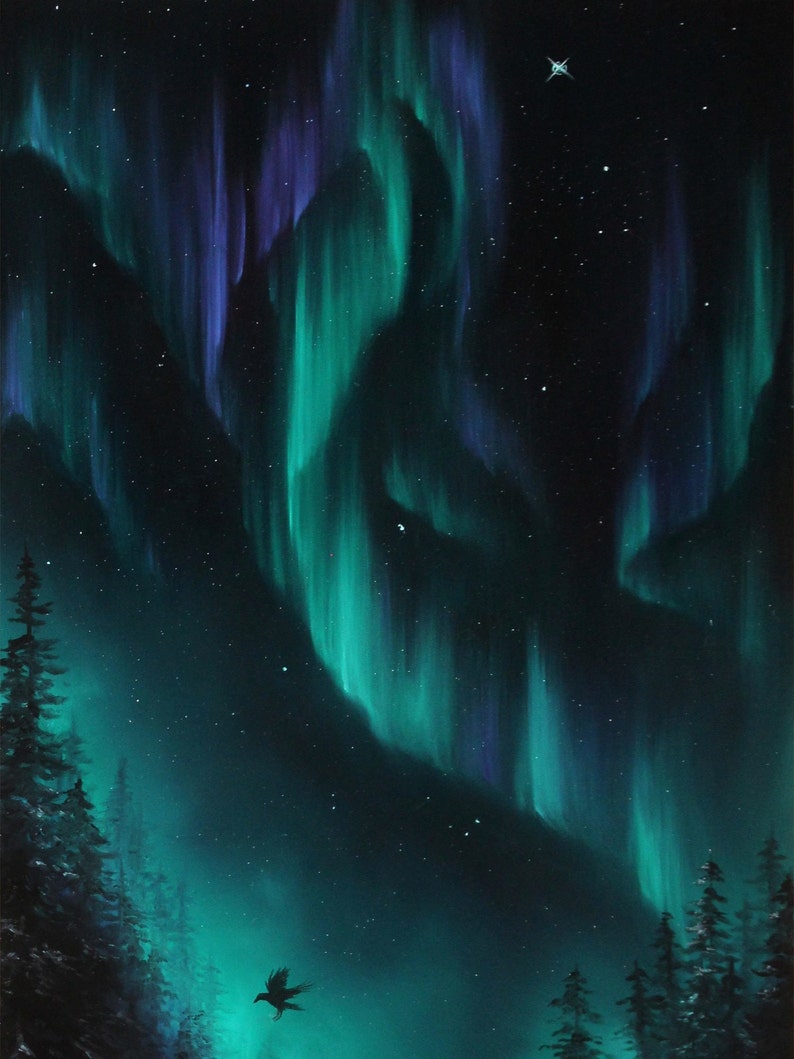 May include: A dark green and purple aurora borealis, also known as the Northern Lights, fills the night sky. A single black bird flies in front of a dark forest silhouette.