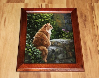 8x10" Original Oil Painting - Fluffy Feline Kitty Cat Animal Portrait Garden Forest Landscape - Small Wall Art