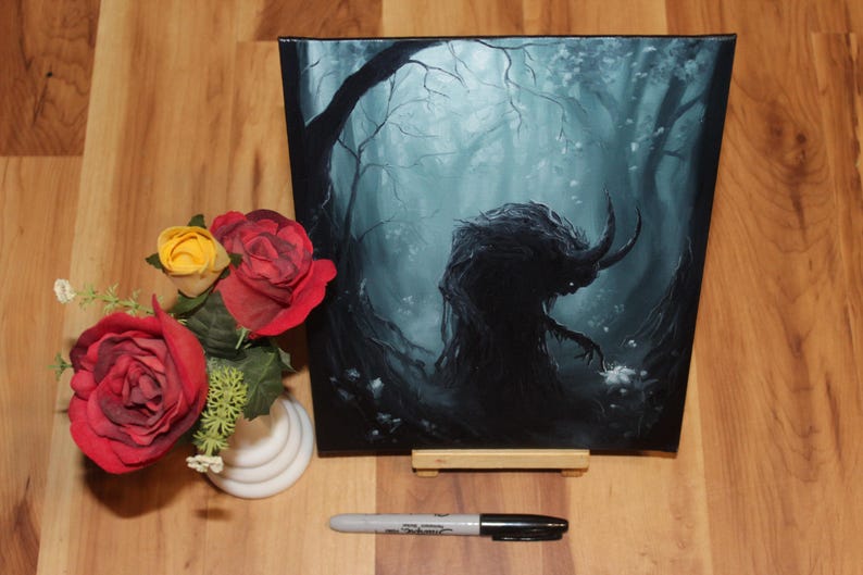 8x10" Original Oil Painting - Spooky Monster Evil Creature Shadow Forest Fantasy Landscape Scenery - Small Wall Art image 8