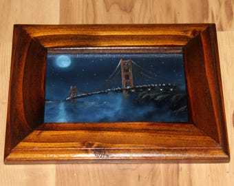4x6" Original Mini Oil Painting Flat Panel - Golden Gate Bridge Night Foggy Full Moon Architecture Landscape  - Small Canvas Wall Art