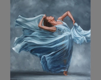 Art PRINT - Wind Dancer Ballroom Dancing Lady Figure Art Woman Grey Blue Dress Wall Art - Choose Size 8x8" 10x10" 12x12" PRINTS