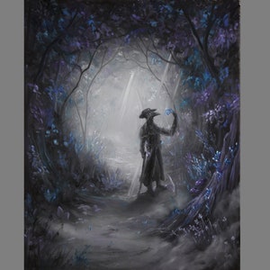 May include: A figure in a black coat and mask stands in a misty forest, holding a blue flower. The forest is filled with purple and blue flowers and trees.