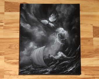 16x20" Original Oil Painting - Evil Dark Cloudy Skull Lightning Ocean Horror Viking Longboat Black White Dark Art- Fantasy Seascape Wall Art