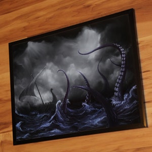 Art PRINT Viking Longboat Ship Lovecraftian Monster Horror Fantasy Ocean Storm Wall Art Choose Size 4x6 5x7 8x10 12x16 PRINTS 12x16" Framed