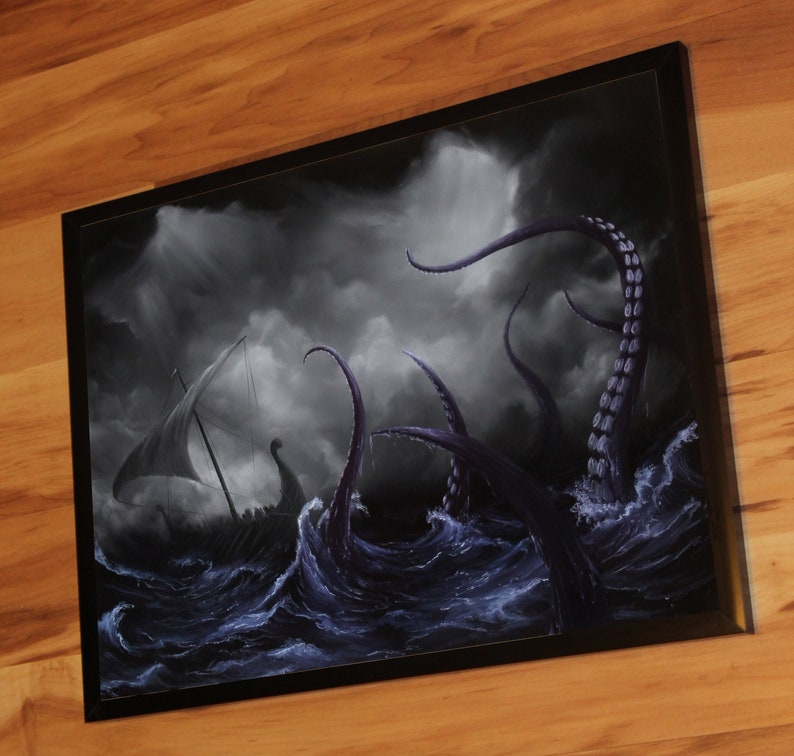 Art PRINT Viking Longboat Ship Lovecraftian Monster Horror Fantasy Ocean Storm Wall Art Choose Size 4x6 5x7 8x10 12x16 PRINTS 12x16" Framed