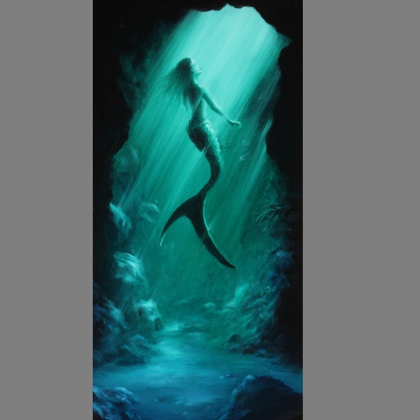 Art PRINT - Mermaid Siren Green Blue Sea Underwater Cave Ocean Dark - Fantasy Wall Art - Choose Size 5x10", 6x12" 8x16" PRINTS