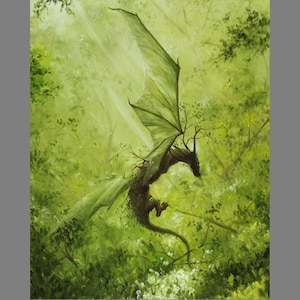 May include: An artistic painting of a dragon with green wings and a brown body, blending seamlessly with the surrounding lush green forest. The dragon is depicted in flight, with sunlight filtering through the trees.