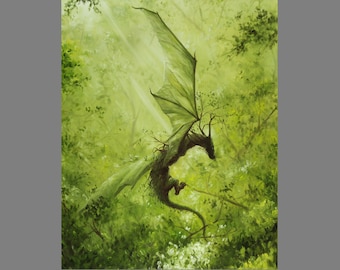 Art PRINT - Enchanted Dark Forest Dragon Hunting Green Trees Woods -  Fantasy Landscape Wall Art - Choose Size 4x6" 5x7" 8x10" 12x16" PRINTS