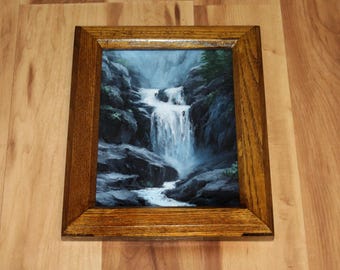 6x8" Original Oil Painting Flat Panel - Rushing Falls Waterfall Forest Blue Mountain Landscape - Small Canvas Wall Art