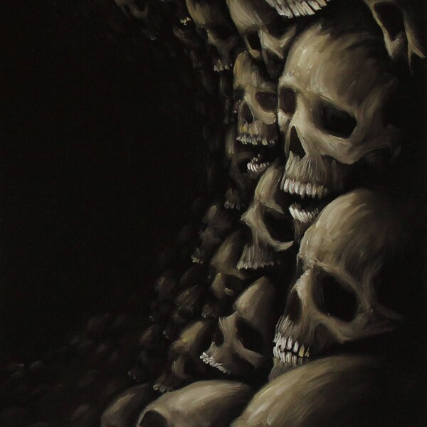 12x16" Original Oil Painting - Catacombs Skulls Painting -  Dark Art - Macabre Halloween Decor Wall Art Gift for Men