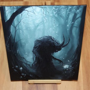 8x10" Original Oil Painting - Spooky Monster Evil Creature Shadow Forest Fantasy Landscape Scenery - Small Wall Art Painting + Easel