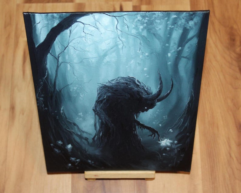 8x10" Original Oil Painting - Spooky Monster Evil Creature Shadow Forest Fantasy Landscape Scenery - Small Wall Art Painting + Easel