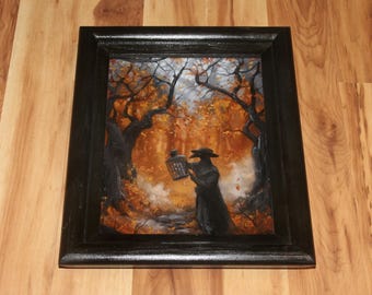 23x30 cm original oljemålning - Pestläkaren fångad råtta höstskog fantasilandskap väggkonst