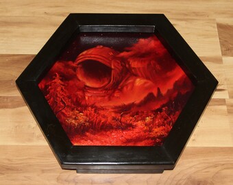 12" Hexagon Original Oil Painting - Giant Astronaut Alien Planet Monster Horror Red Orange - Surreal Sci Fi Outer Space Spacescape Wall Art