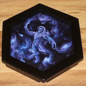 12&quot; Hexagon Original Oil Painting - Astronaut Skeleton Nebula Galaxy Surreal Horror Purple Blue - Sci Fi Outer Space Spacescape Wall Art