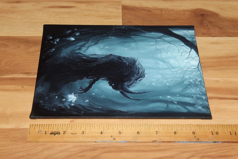 8x10" Original Oil Painting - Spooky Monster Evil Creature Shadow Forest Fantasy Landscape Scenery - Small Wall Art image 12