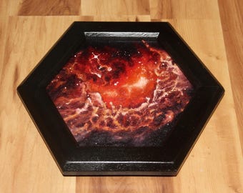 7.5" Hexagon Original Oil Painting - Tadpole Nebula Orange Red Gold Outer Space Galaxy NASA Starry Stars Astronomy - Spacescape Wall Art