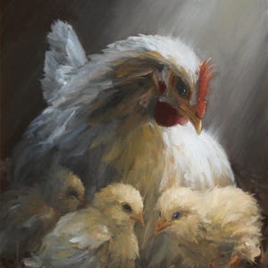 May include: An oil painting depicts a white hen with a red comb and beak, sheltering three yellow chicks. The chicks are nestled in a bed of straw, with light streaming from above, creating a warm, comforting scene.