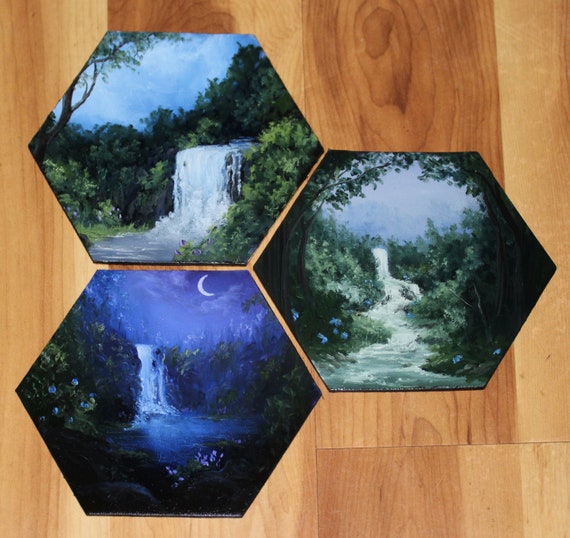 Blue Nighttime Night Evening Forest Landscape Small Canvas Wall Art 5-6 Original Mini Oil Painting Hexagon Flat Panel Blue Nighttime Night Evening Forest Landscape Small Canvas Wall Art 5-6 Original Mini Oil Painting Hexagon Flat Panel