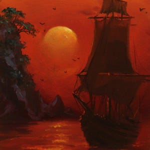 Pu&ograve; includere: Un dipinto a olio che raffigura la sagoma scura di un veliero sull'acqua durante il tramonto. Un grande sole giallo brillante &egrave; sospeso in un cielo rosso intenso. A sinistra, una scogliera rocciosa con fogliame verde scuro all'orizzonte.