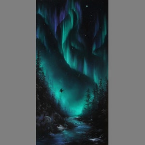 May include: A painting of a dark forest with a river flowing through it. The sky is filled with a vibrant green and blue aurora borealis.