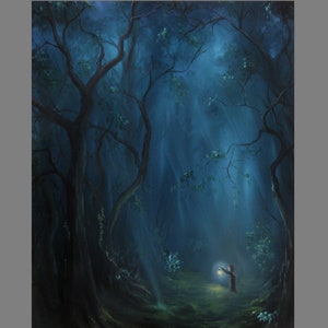 Art PRINT - Dark Woods Boy Exploring Travel Camping Lantern Forest - Fantasy Landscape Wall Art - Choose Size 4x6" 5x7" 8x10" 12x16" PRINTS