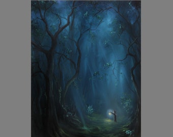 Kunstdruck - Dark Woods Boy Exploring Travel Camping Laternenwald - Fantasy Landschaft Wandkunst - Wählen Sie Größe 4 x 6 "5 x 7" 8 x 10 "12 x 16" DRUCK."