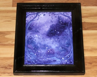12x16" Original Oil Painting - Purple Blue Violet Forest Woods Butterflies Flowers River Stream Fantasy Landscape Scenery Wall Art