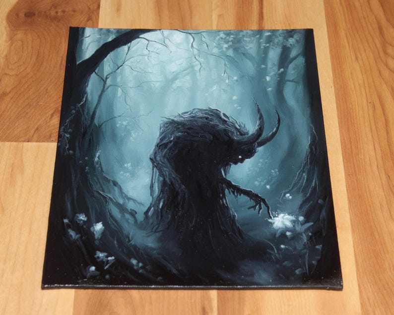 8x10" Original Oil Painting - Spooky Monster Evil Creature Shadow Forest Fantasy Landscape Scenery - Small Wall Art Painting Only