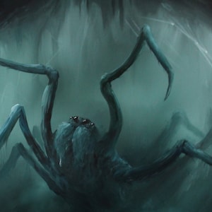 Puede incluir: Una ara&ntilde;a grande de color azul oscuro con patas largas y una expresi&oacute;n amenazante. La ara&ntilde;a se encuentra en un ambiente oscuro y brumoso, lo que sugiere una atm&oacute;sfera espeluznante y misteriosa.