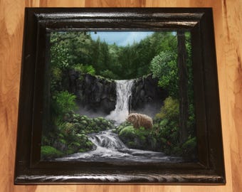 12x12" Original Oil Painting - Bear Valley Forest Waterfall River Green Woods Landscape Wall Art