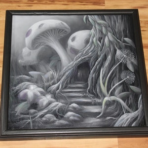 16x16&quot; Original Oil Painting - Gray Black White Pastel Fairy House Mushroom Enchanted Forest - Fantasy Landscape Wall Art