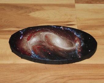 4x8" Original Mini Oil Painting Oval - Colliding Galaxies Gold Red Galaxy Nebula Spacescape Outer Space Art - Small Canvas Wall Art