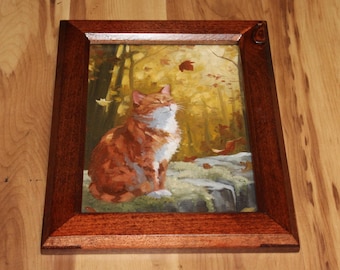 6x8" Original Oil Painting Flat Panel - Orange Cat Cute Kitten Autumn Forest Landscape Animal Portrait - Small Canvas Wall Art