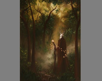 May include: An artistic painting of a figure in a forest. The figure wears a skull mask and a brown cloak, holding a glowing staff. The scene is set in a misty forest with sunlight filtering through the trees.