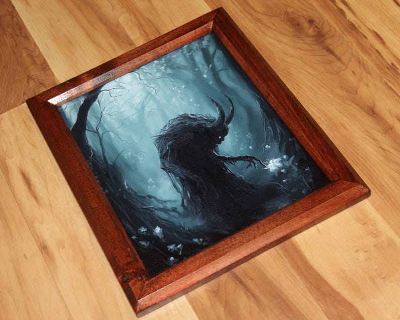 8x10" Original Oil Painting - Spooky Monster Evil Creature Shadow Forest Fantasy Landscape Scenery - Small Wall Art image 4