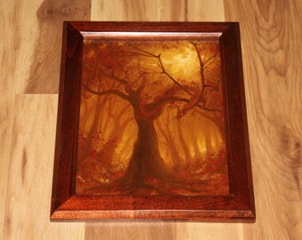 8x10" Original Oil Painting - Autumn Dragon Creature Dark Fairytale Enchanted Forest Fantasy Scenery - Small Wall Art