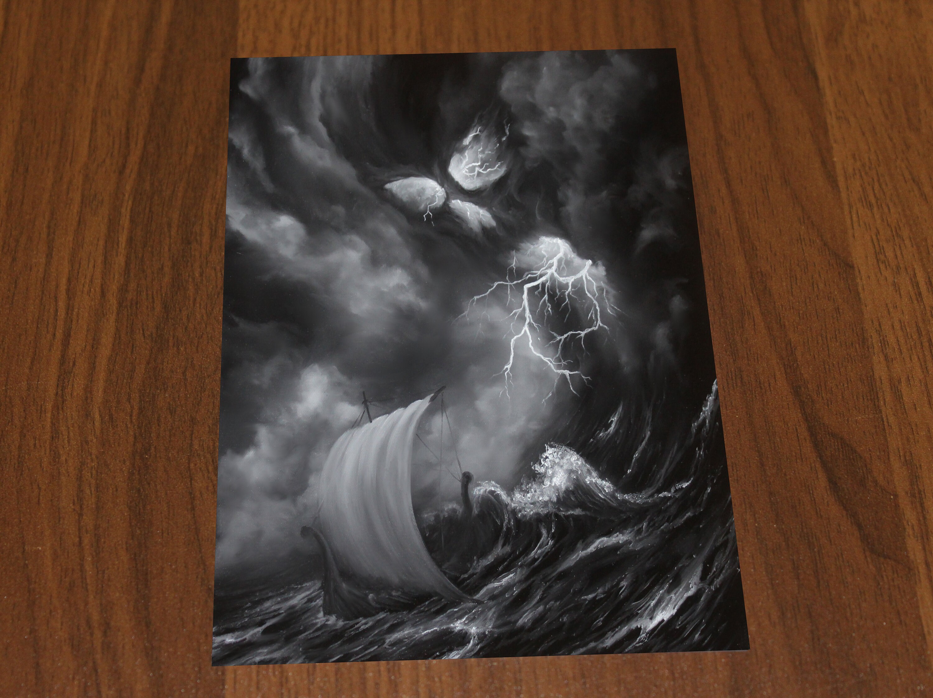Art PRINT - Skull Storm Lightning Viking Longboat Ship