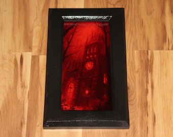 4x8" Original Mini Oil Painting Flat Panel - Red Night Mansion Castle Spooky Fantasy Landscape - Wall Art