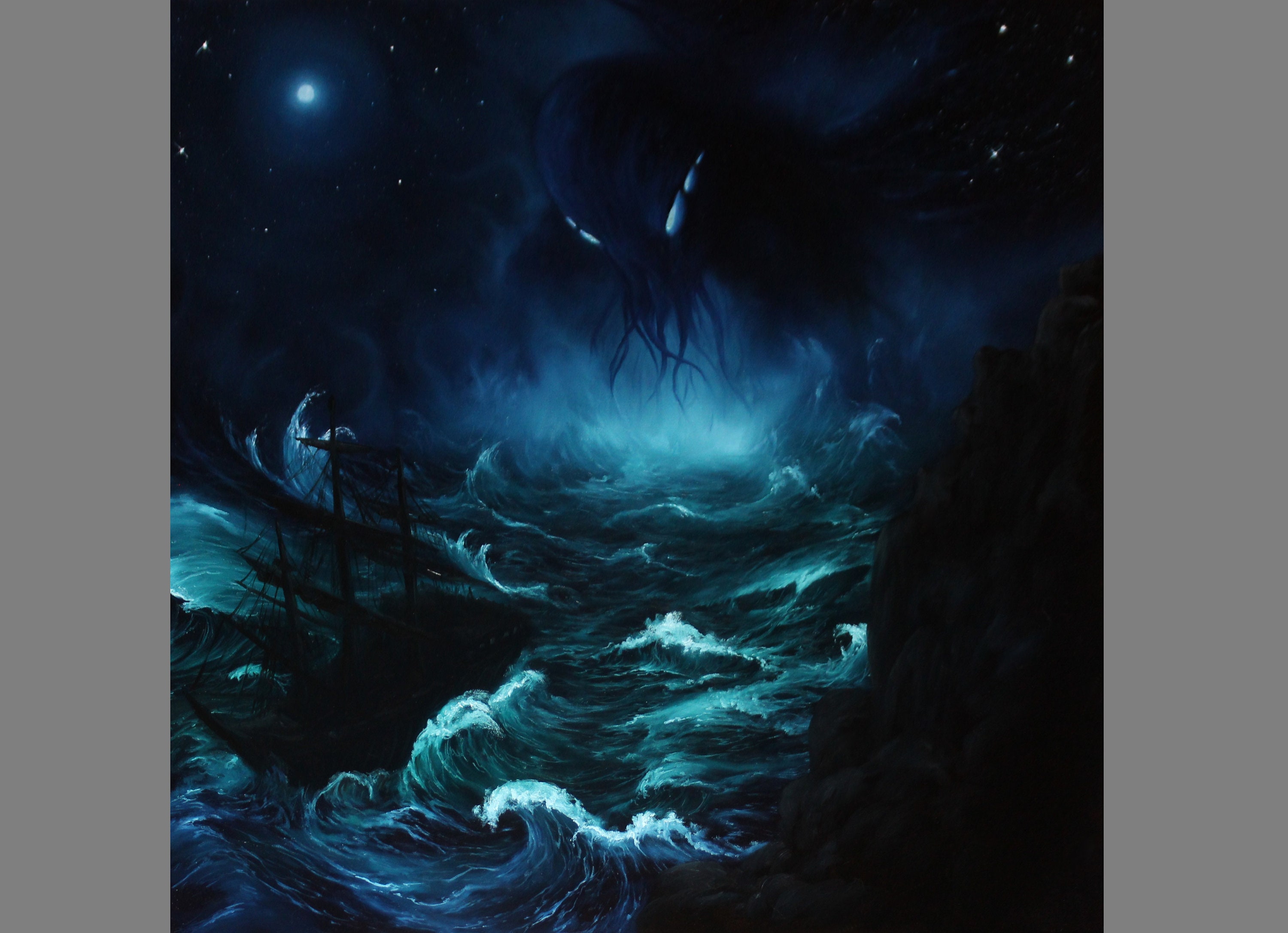 Art PRINT - Blue Green Ship Ocean Cthulhu Monster Tentacles Night