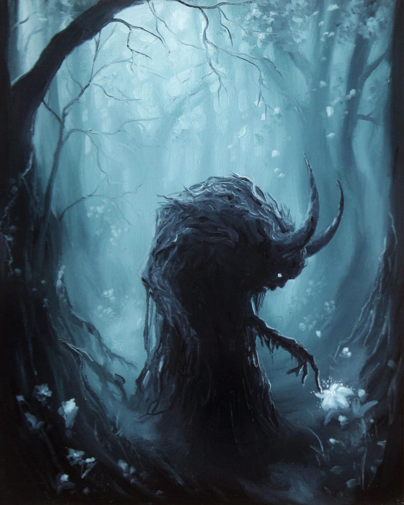 8x10" Original Oil Painting - Spooky Monster Evil Creature Shadow Forest Fantasy Landscape Scenery - Small Wall Art image 13